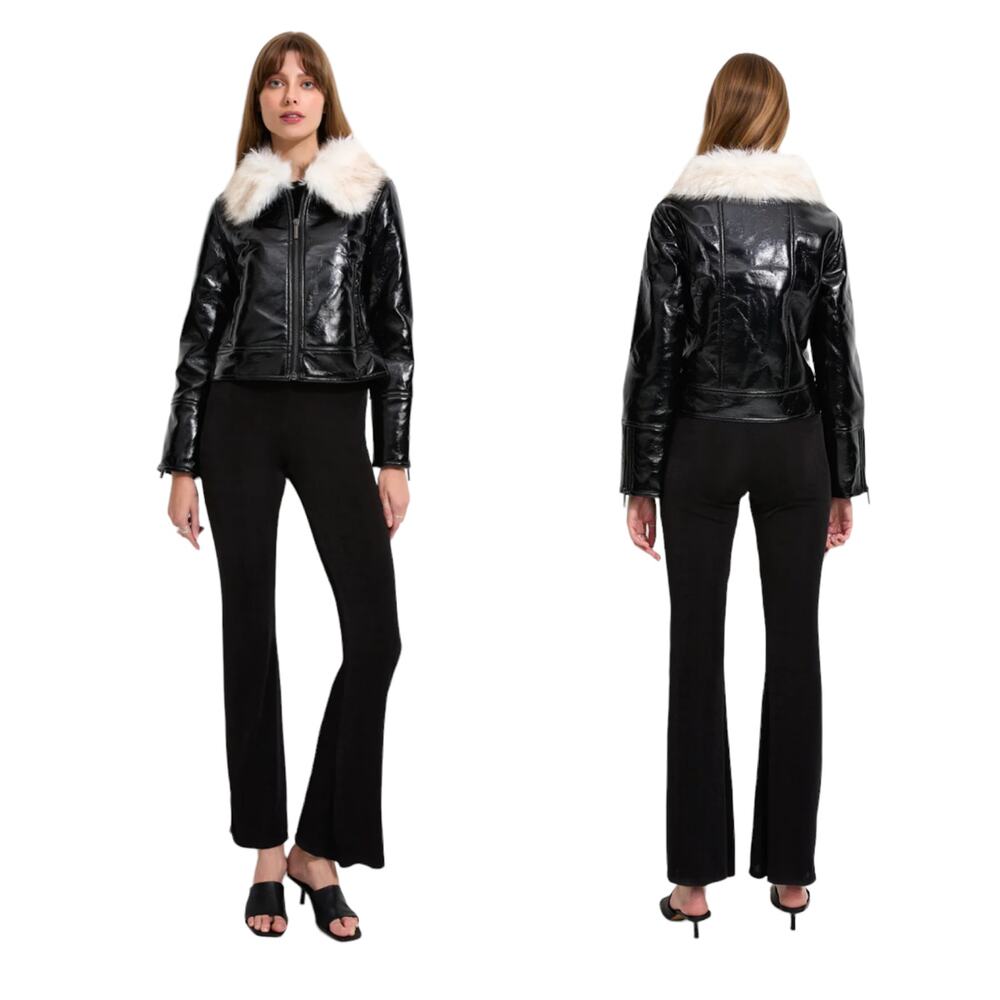 Revolve Unreal Fur Wet Look Aviator Biker Jacket Faux Leather Coat Black L NWT